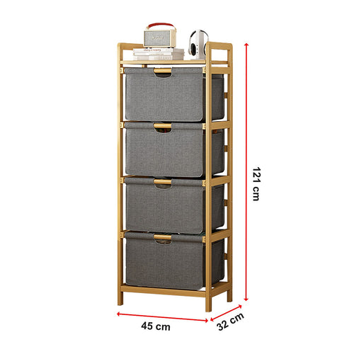 Bamboo Shelf with Storage Hamper – Wooden Organiser Rack with 4 Removable Laundry Bags