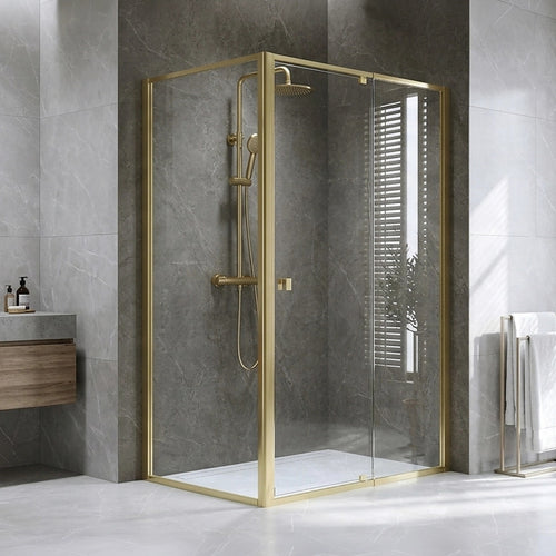 Adjustable Semi Frameless Shower Screen Front: (114~122)x195cm with Gold Hardware and Side: (77~80)x195cm