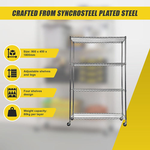 Modular Wire Storage Shelf 900 x 450 x 1800mm Steel Shelving - Carbon Chrome Plated with Wheels