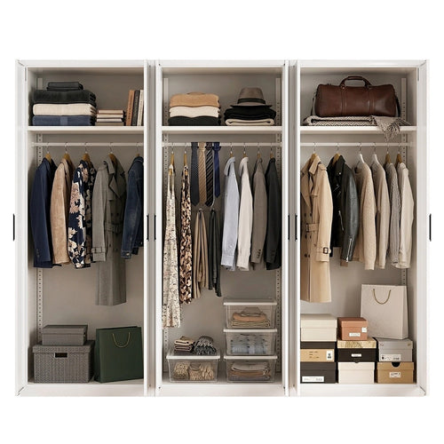 240x200cm 6-Door White Steel Hanging Wardrobe with Black Handle Storage Cabinet