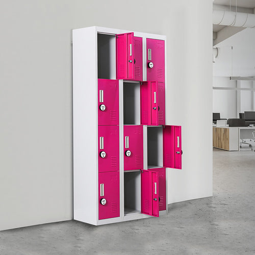 12-Door Locker – Grey with Pink Door with 4-Digit Combination Lock | Secure Storage for Office, Gym or School Use