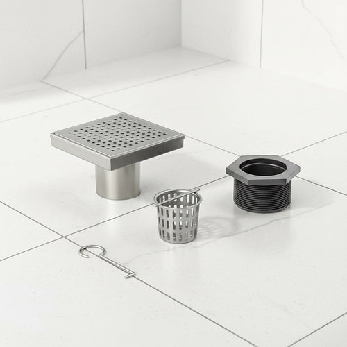 15 x 15cm Square Shower Drain with Grid Pattern Grate – Chrome Stainless Steel