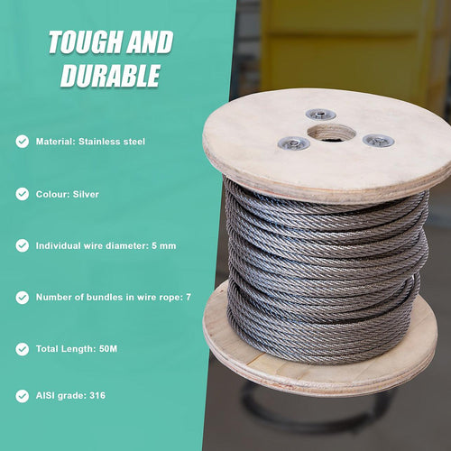  50m Stainless Steel Wire Rope Cable 5mm 316 A4 7x7 Balustrade Fence