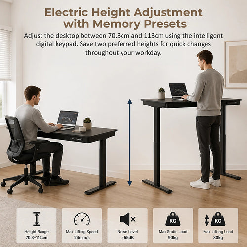 Electric Standing Desk 120x60cm Black Glass with Drawer & Wireless Charger