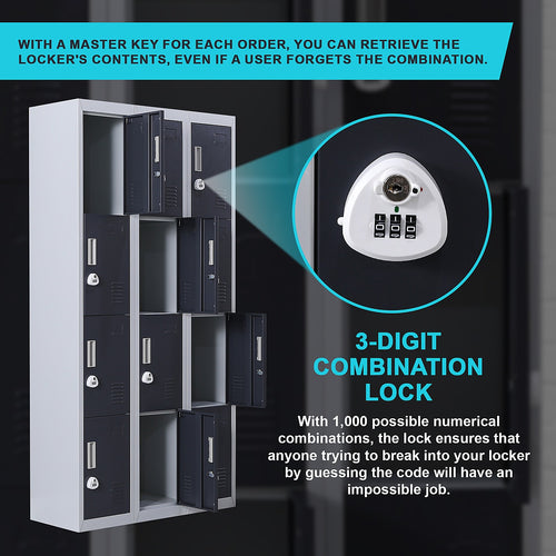 12-Door Locker – Grey with Charcoal Door with 3-Digit Combination Lock | Secure Storage for Office, Gym or School Use
