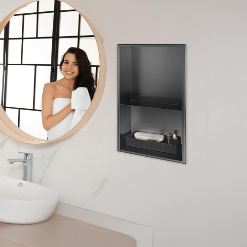 641 x 336 x 101mm Shower Niche Double Shelf Organizer No Tile Needed in Black 