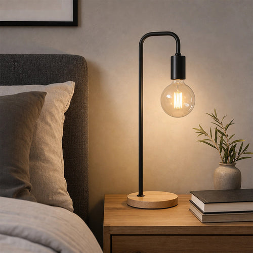 Modern Black Table Lamp Desk Light – Timber Base Bedside Lighting for Bedroom or Study