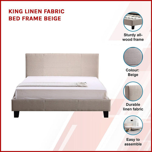 King Bed Frame Beige Linen Fabric