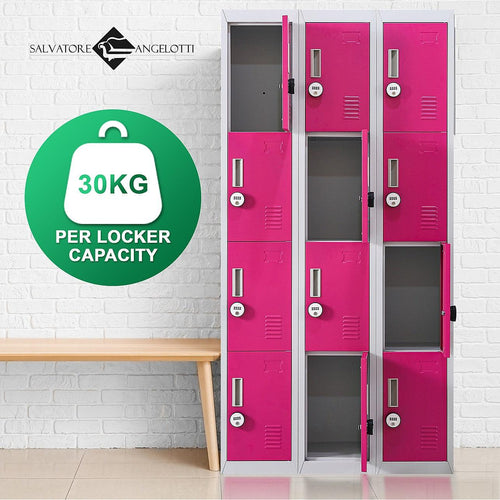 Grey with Pink Door 12-Door Locker for Office Gym Shed School Home Storage - 4-Digit Combination Lock