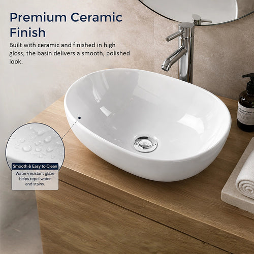 Ceramic Basin – 41cm Oval Above Counter Bathroom Sink