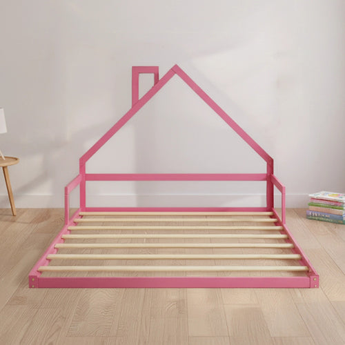 Low Bed for Kids - Pink Pine Wood Double Floor Bed