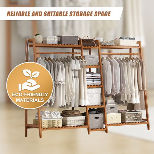 190cm Freestanding Bamboo Clothing Rack – Dark Wood Bedroom Rail