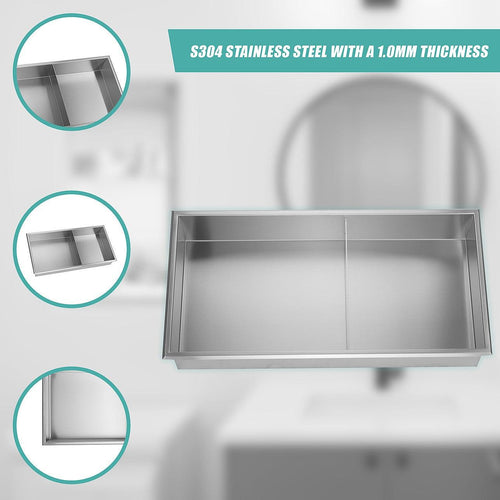 641 x 336 x 101mm Shower Niche Double Shelf Organizer No Tile Needed in Stainless Steel 
