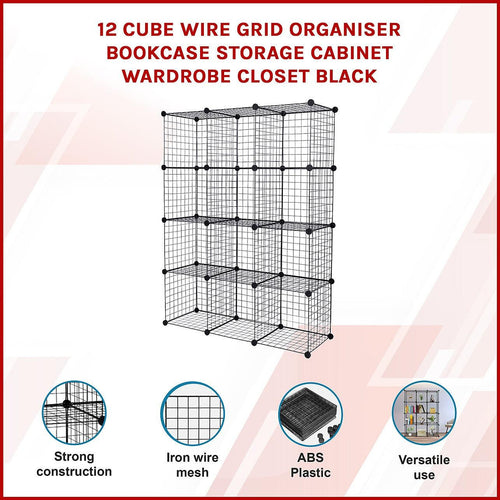12 Cube Wire Grid Organiser Bookcase Storage Cabinet Wardrobe Closet Black