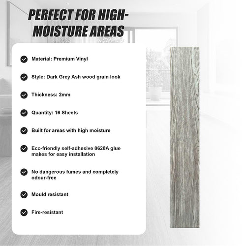 Self Adhesive Vinyl Floor Tiles Peel & Stick Flooring Dark Grey Ash 16 Pack 2.3m²