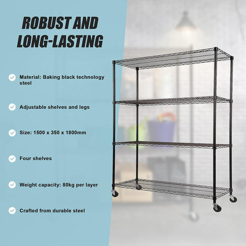 Modular Wire Storage Shelf 1500 x 350 x 1800mm Steel Shelving - Baking Black Technology with Wheels