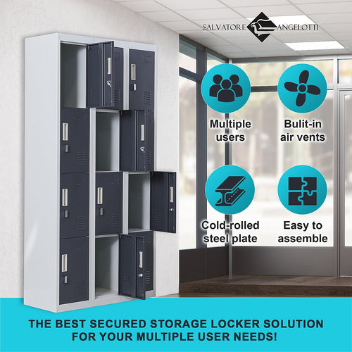 12-Door Locker – Grey with Charcoal Door with Padlock-operated | Secure Storage for Office, Gym or School Use