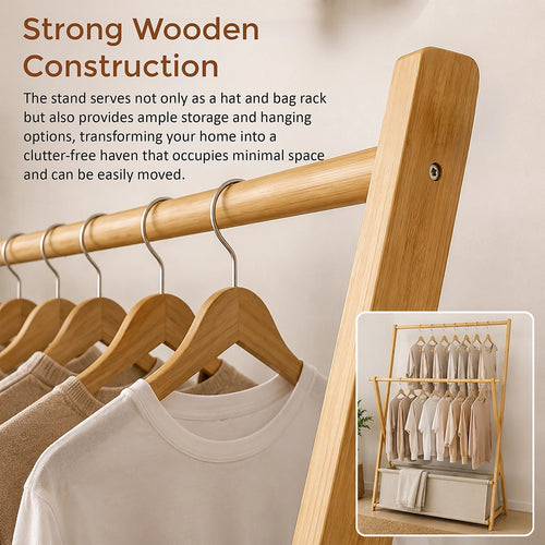 100x155cm Freestanding Clothes Rail Garment Rack in Wood with Storage Shelf – Stylish, Space-Efficient Organiser
