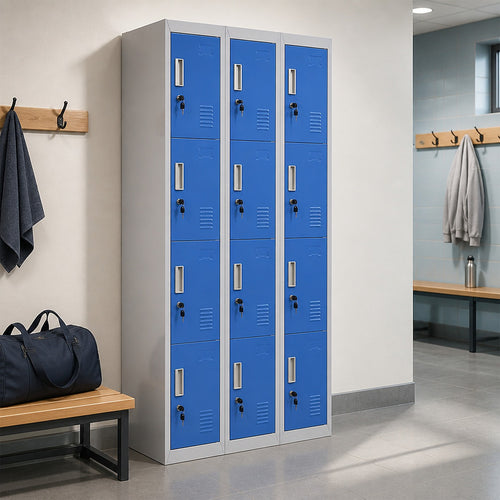 12-Door Steel Locker – Grey with Blue Door, Standard Lock with 2 Keys