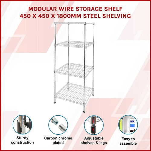 Modular Wire Storage Shelf 450 x 450 x 1800mm Steel Shelving - Carbon Chrome Plated