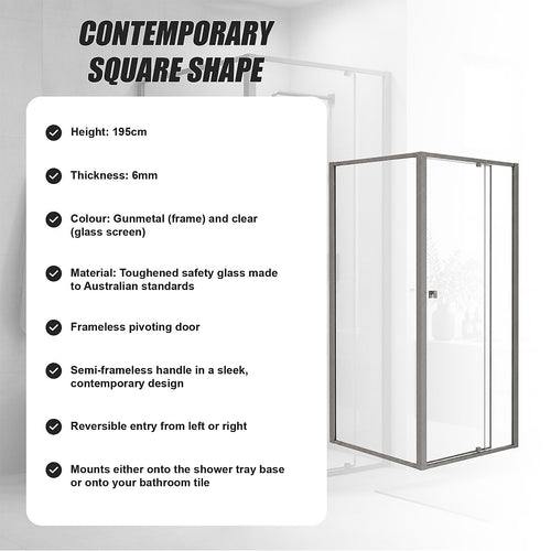 Semi-Frameless Shower Screen – Gunmetal, Front: (74~82)x195cm, Side: (89~92)x195cm