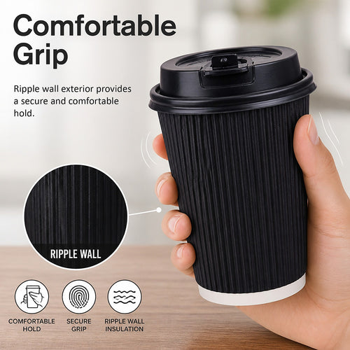 Black Triple Wall Coffee Cups with Matching Lids 500 Piece set 8oz