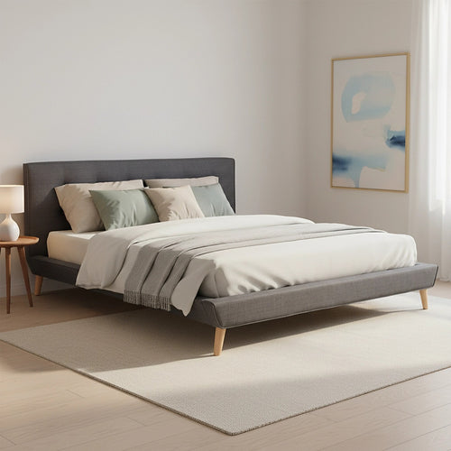 King Linen Fabric Bed with Button Tufted Headboard - Grey