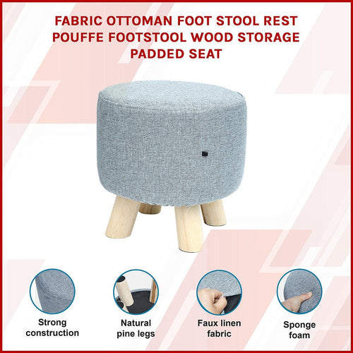 Grey Fabric Ottoman Foot Stool Rest Pouffe Wood Padded Seat Round
