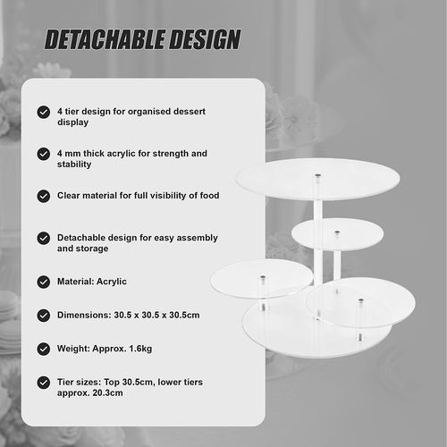 4 Tier Acrylic Cupcake Stand 30cm Clear Dessert Display Tower