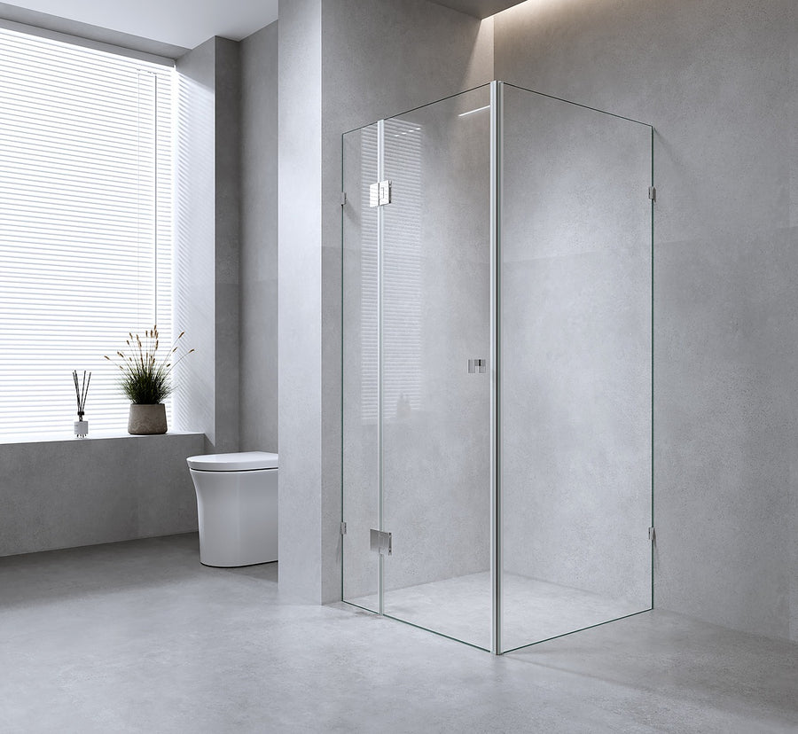 120x110cm Corner Frameless Shower Screen with White Wall F-Brackets and SS Hinges, Round Knob Handle
