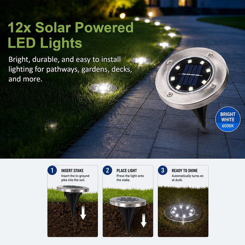 12x Solar Powered LED Buried Inground Recessed Light Garden Outdoor Deck Path