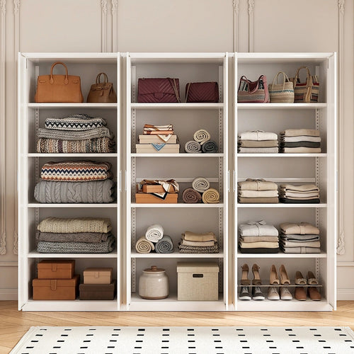 240x200cm 6-Door White Steel Shelf Wardrobe with White Handle Storage Cabinet