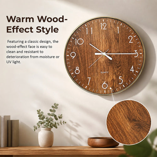 14-inch Round Wall Clock Silent Non-Ticking Quartz Battery Operated Wood Grain