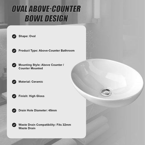 Ceramic Basin – 41cm Oval Above Counter Bathroom Sink