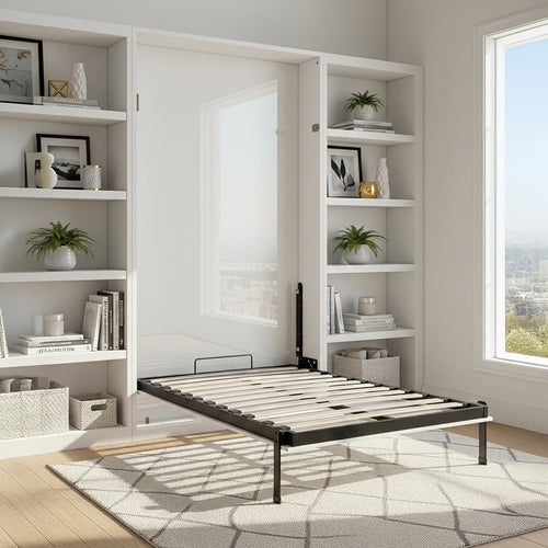 King-single Wall Bed in White Gloss – Space Saving Murphy Bed Kit with Black Door Handle