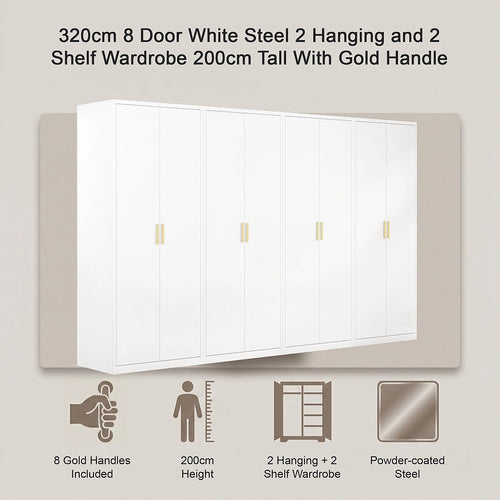 320x200cm 8-Door White Steel 2 Hanging and 2 Shelf Wardrobe with Gold Handle Storage Cabinet