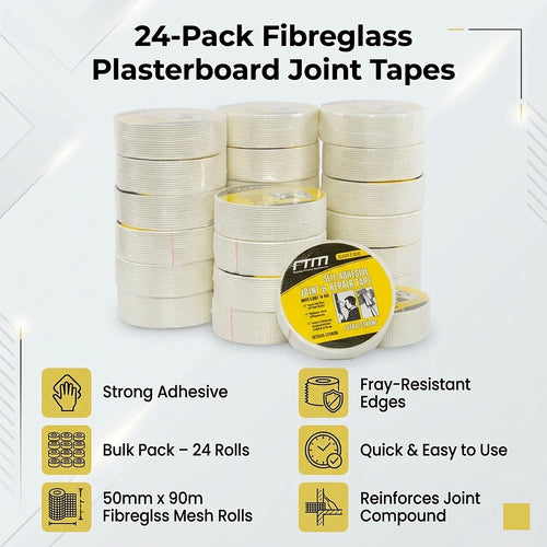 24-Pack Fibreglass Plasterboard Joint Tapes – 50mm x 90m Self-Adhesive Drywall Mesh Rolls for Strong Seam Repairs
