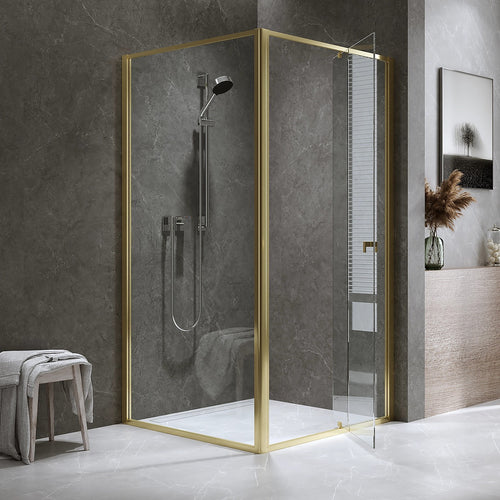 Adjustable Semi Frameless Shower Screen Front: (98~106)x195cm with Gold Hardware and Side: (98~101)x195cm