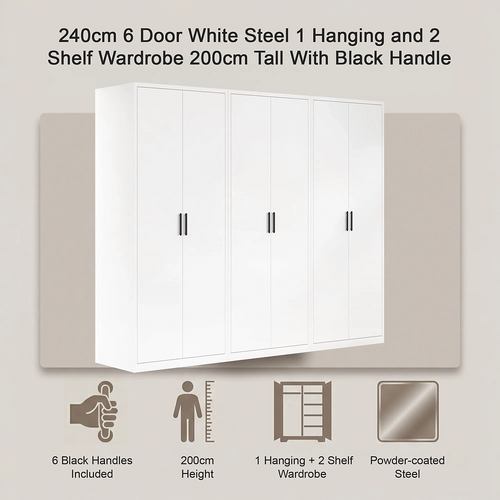 240x200cm 6-Door White Steel 1 Hanging and 2 Shelf Wardrobe with Black Handle Storage Cabinet