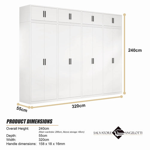320x240cm 8-Door White Steel 2 Hanging and 2 Shelf Wardrobe with Black Handle Storage Cabinet