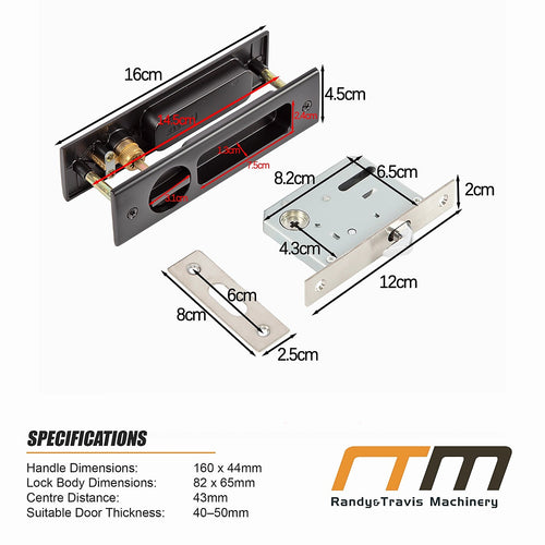 160mm Recessed Sliding Door Lock Handle Set with Key Lock for Pocket & Timber Doors