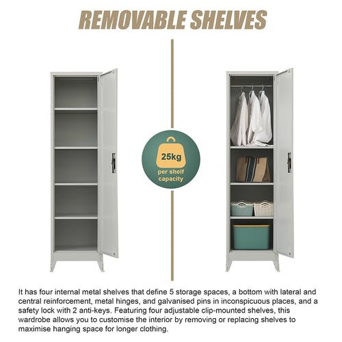 Single Door Metal Locker Cabinet - Grey +with Legs