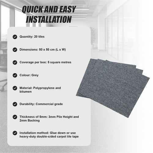Commercial Carpet Tiles – 50x50cm Grey, 20-Tile Pack, 5 sqm Coverage