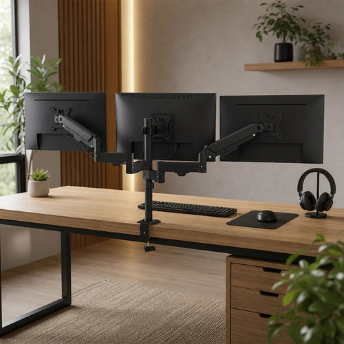 Triple Computer Monitor Mount Stand – Desk Clamp with 3 Adjustable Arms for Multi-Screen Display Setup