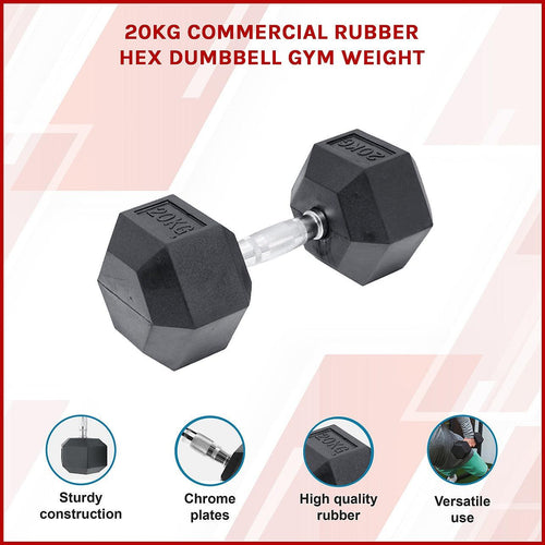 20kg Commercial Rubber Hex Dumbbell Gym Weight