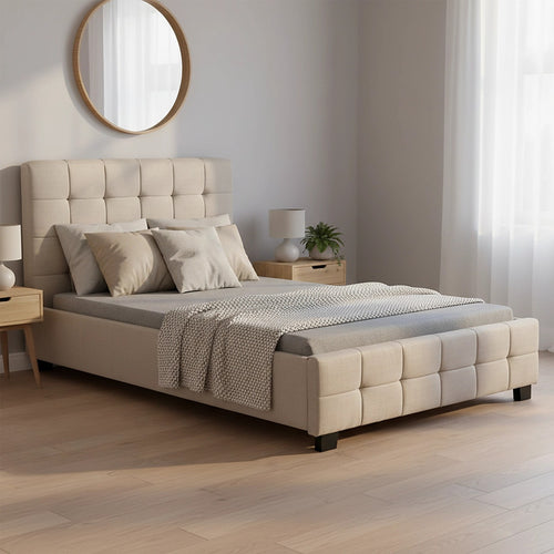 King Single Deluxe Beige Linen Fabric Upholstered Bed Frame with Headboard & Slats