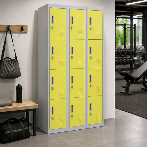12-Door Steel Locker – Grey with Yellow Door, Padlock-operated