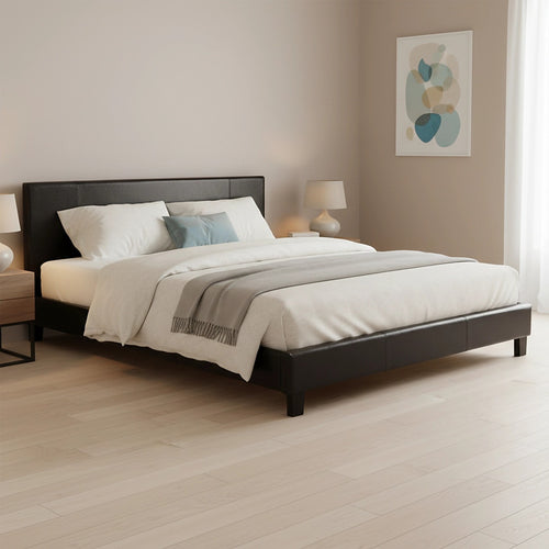 King Size Bed Frame with Headboard – Brown PU Leather