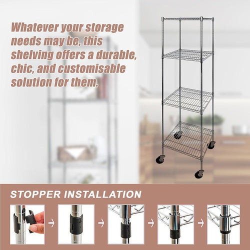 Modular Wire Storage Shelf 600 x 600 x 1800mm Steel Shelving - Carbon Chrome Plated with Wheels