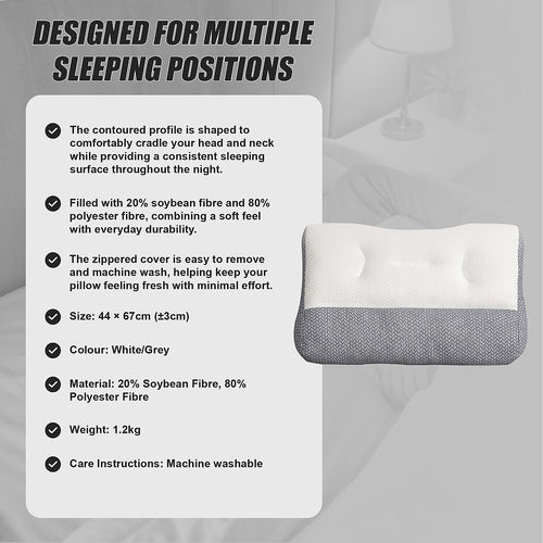Ergonomic Contour Bed Pillow with Washable Cover & Soybean Fibre Fill